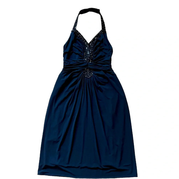 BCBGMAXAZRIA Ruched Jersey Halter Dress Sequin Trim Cocktail Y2K Navy Small NWT - Picture 1 of 14